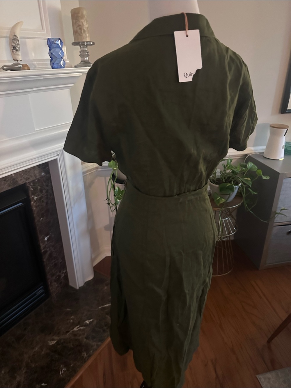 Army Green Linen Collar dress with button front and tie. NWT Quince 8 - Picture 7 of 8